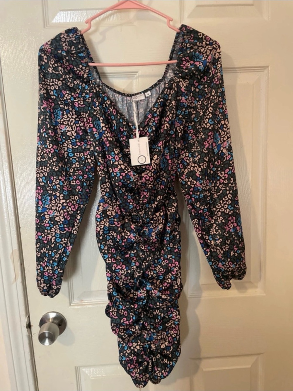Floral-Leopard Ruched Long Sleeve Dress with Pink & Blue Accents